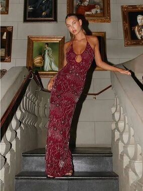 Peppermayo Beaded Burgundy Evening Gown Maxi Dress